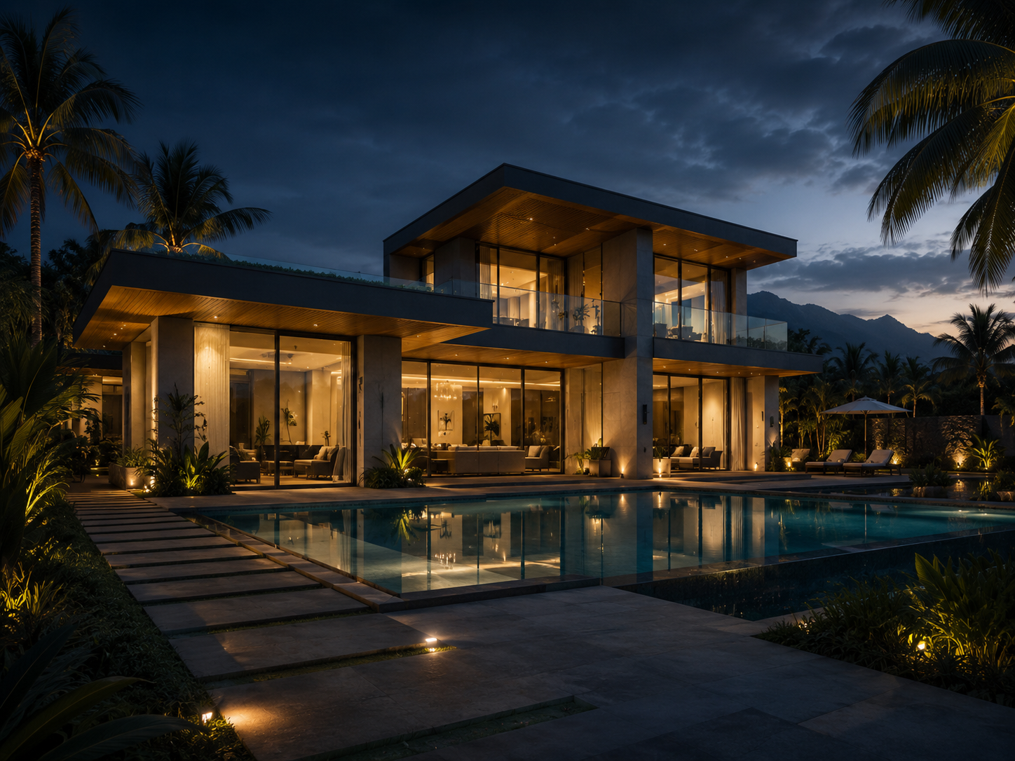 Luxury villa with pool at twilight