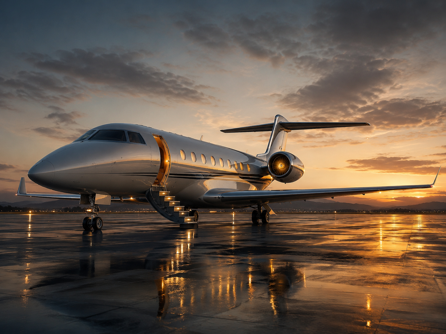Private jet on reflective tarmac at sunset